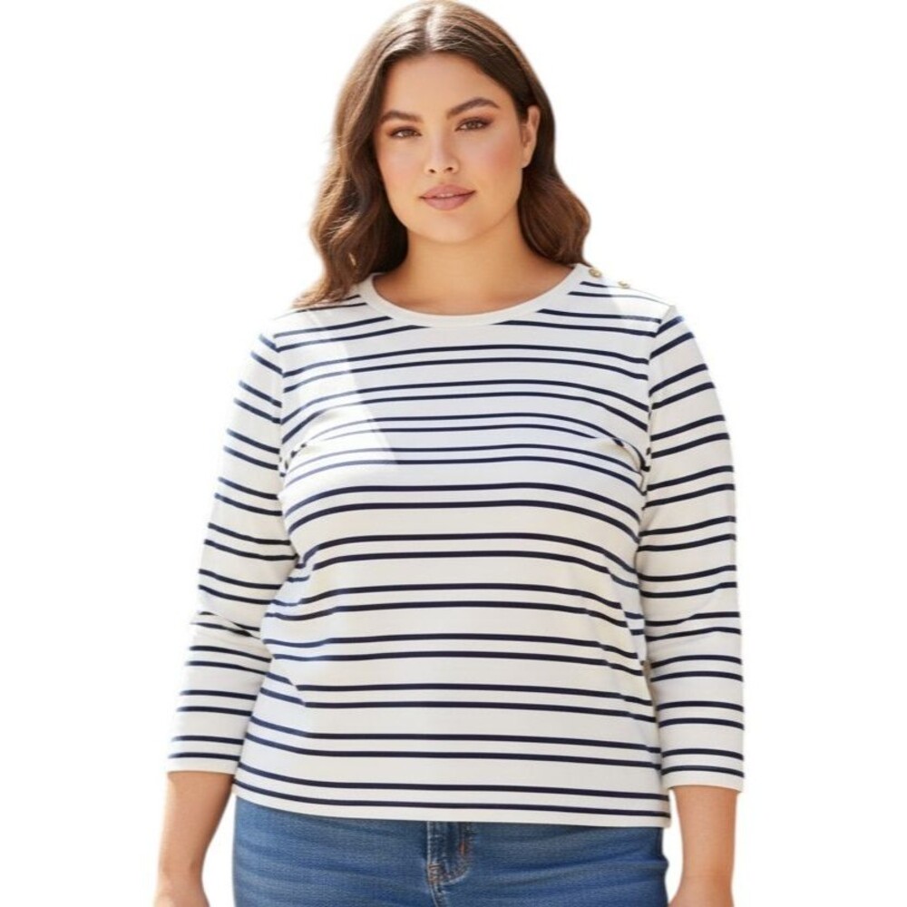 J.Crew Perfect Fit Top Womens 3X Navy White Stripe Button Shoulder Coastal
